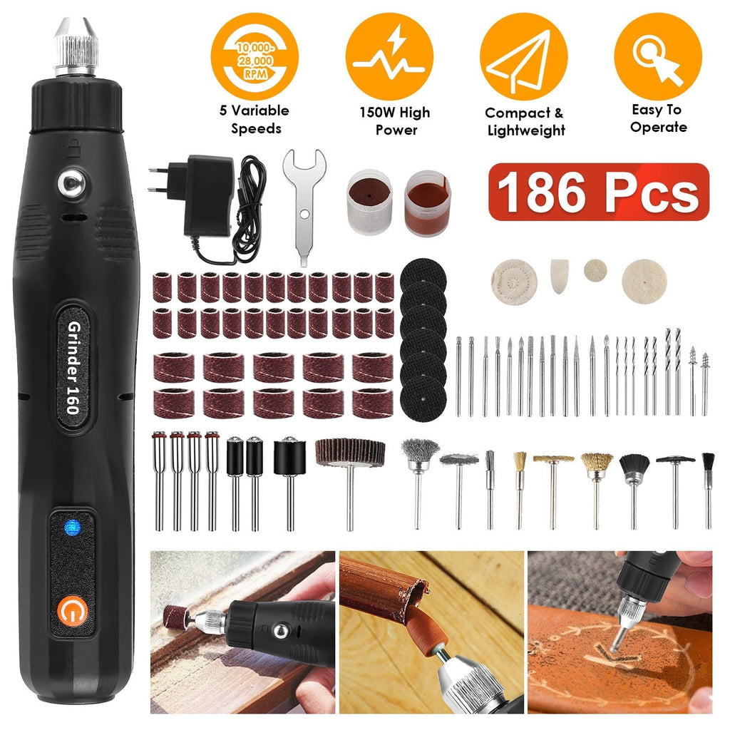 Mini Corded Rotary Power Tool Set of 186Pcs Electric Detail Sander Grinding Pen Small Drill Kit Engraver with 5 Speeds for Sanding Polishing Drilling