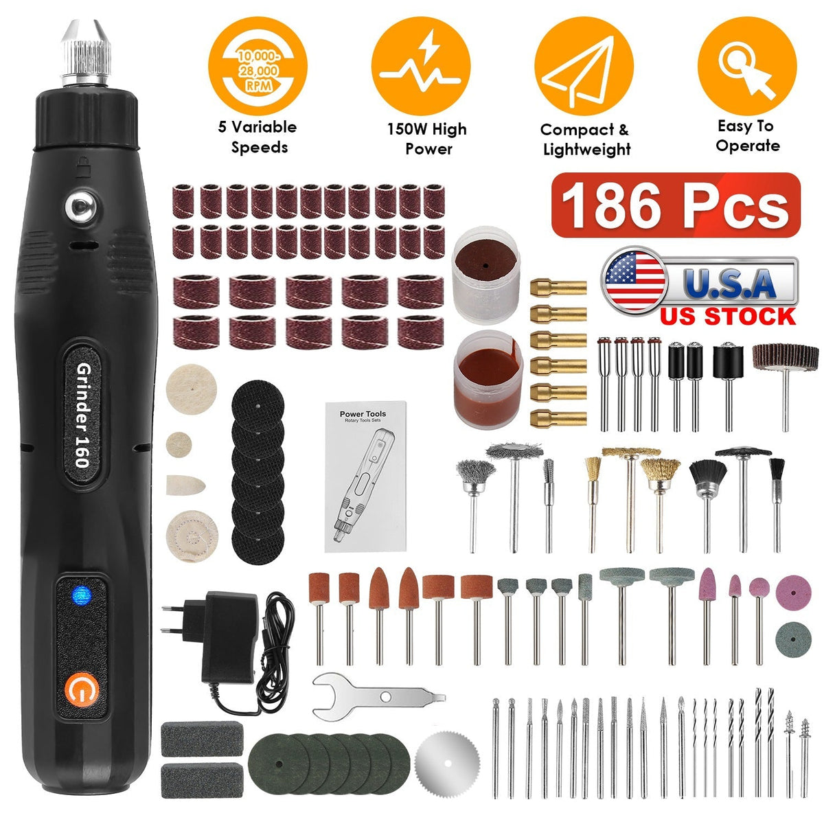Mini Corded Rotary Power Tool Set of 186Pcs Electric Detail Sander Grinding Pen Small Drill Kit Engraver with 5 Speeds for Sanding Polishing Drilling