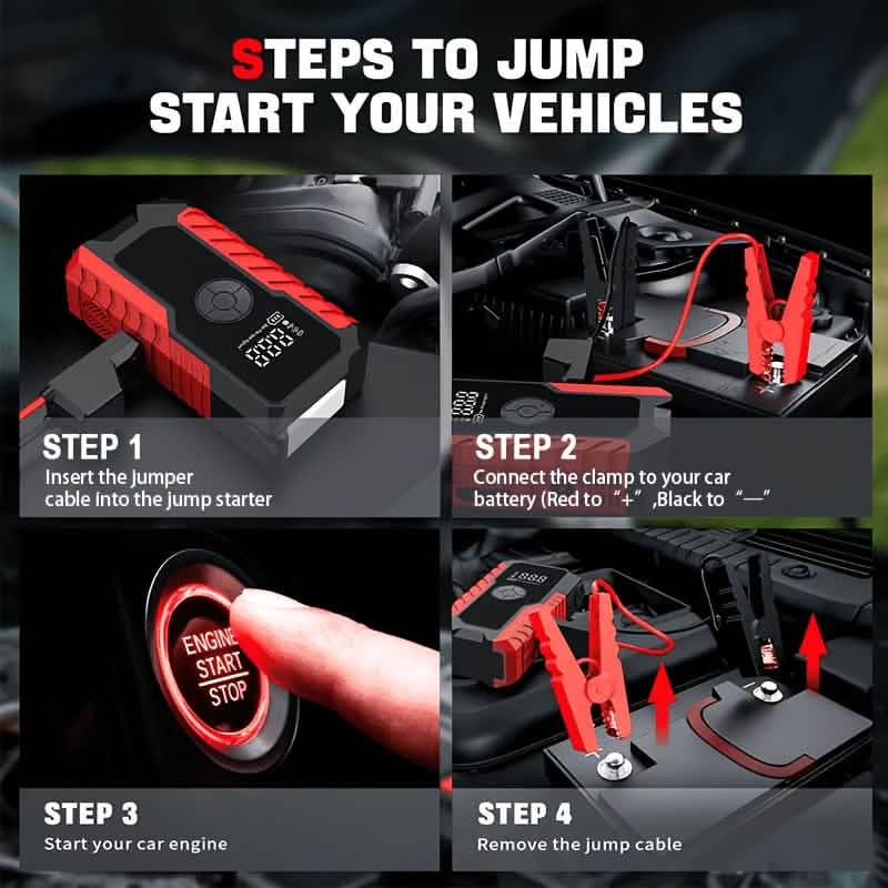 Portable 12V Car Jump Starter, Battery Charger, Air Pump (LED Display)